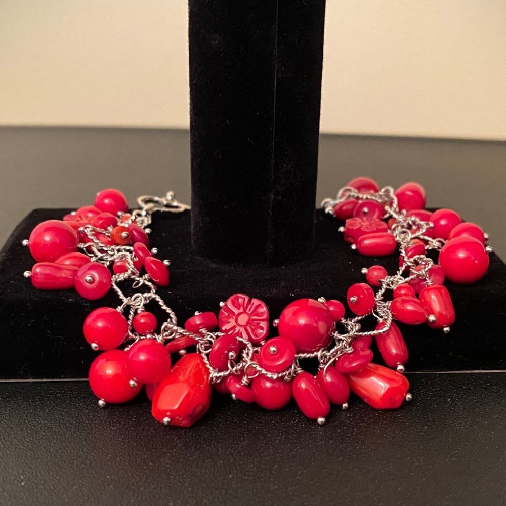 Silver Heart and Red Coral Charm Bracelet